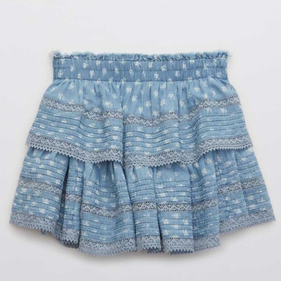 Aerie American Eagle Rock n' Ruffle Printed tiered layered mini skirt LSF blue L - Picture 1 of 4